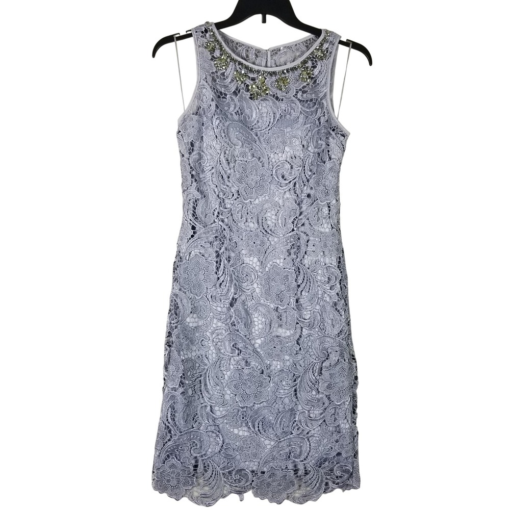 Adrianna Papell Lace Sheath Dress Women 6 Lavender Beaded Jewel Neck 041904000